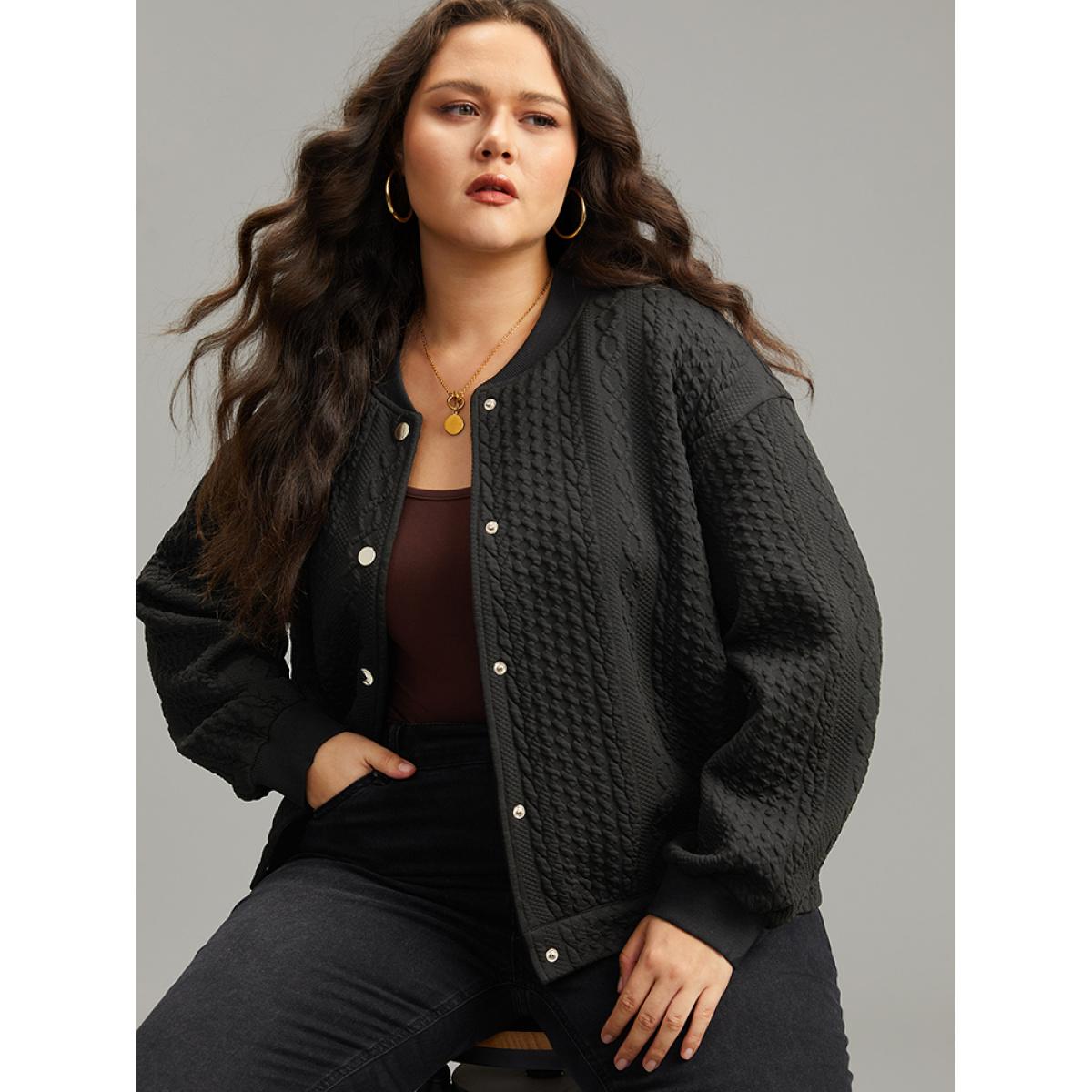Plus Size Plain Texture Button Through Jacket Women Black Elastic cuffs Dailywear Jackets BloomChic 10/M Product Image
