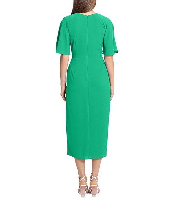 Maggy London Draped Faux Wrap Short Flutter Sleeve Surplice V-Neck Pebble Crepe Midi Dress Product Image
