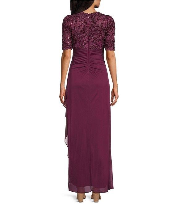 Alex Evenings Petite Size Lace Soutache Bodice V-Neck Short Sleeve Cascade Ruffle Empire Waist Dress Product Image