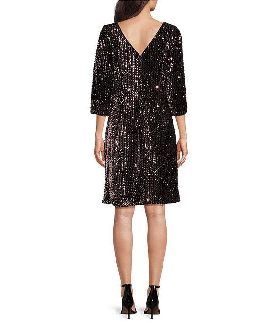Ignite Evenings Sequin Velvet Crew Neck 3/4 Sleeve Sheath Dress Product Image