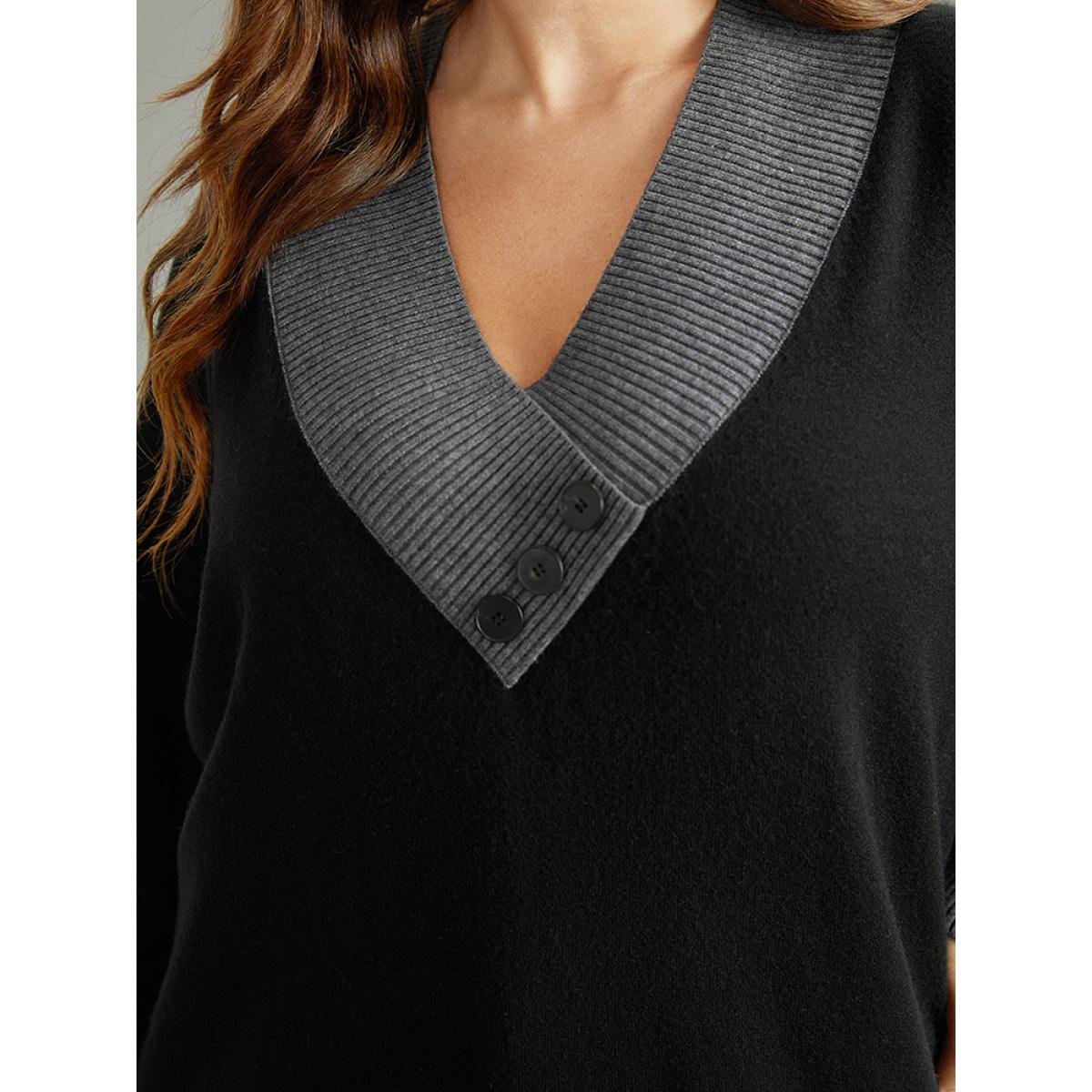 Plus Size Supersoft Essentials Contrast Deep V Neck Button Detail Pullover Black Women Casual Long Sleeve Deep V-neck Everyday Pullovers BloomChic 30/6X Product Image