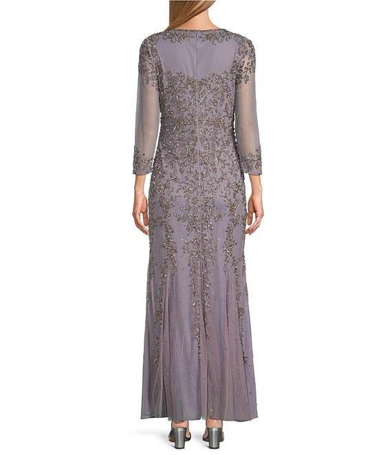 Pisarro Nights Beaded Mesh V Neck 3/4 Sleeve Fit and Flare Gown Product Image