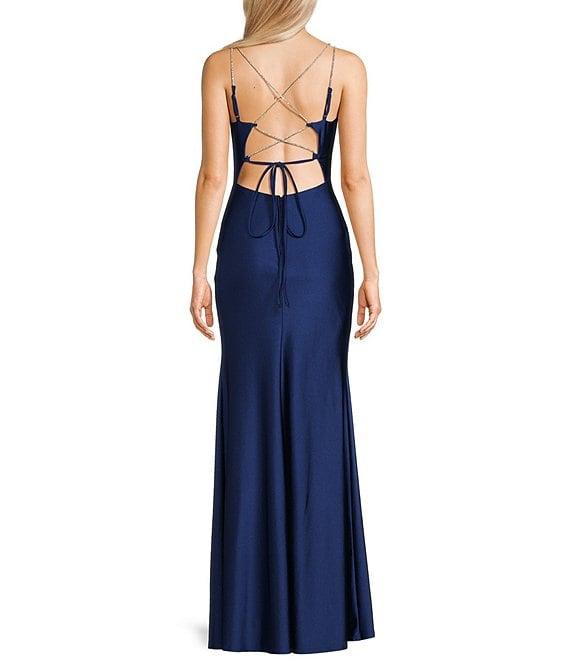 Midnight Doll Jersey Knit Satin V-Neck Rhinestone Strap Lace Up Back Side Slit Long Dress Product Image