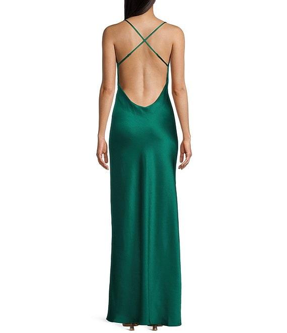B. Darlin Satin Cowl Neck Cross Back Strap Long Dress Product Image