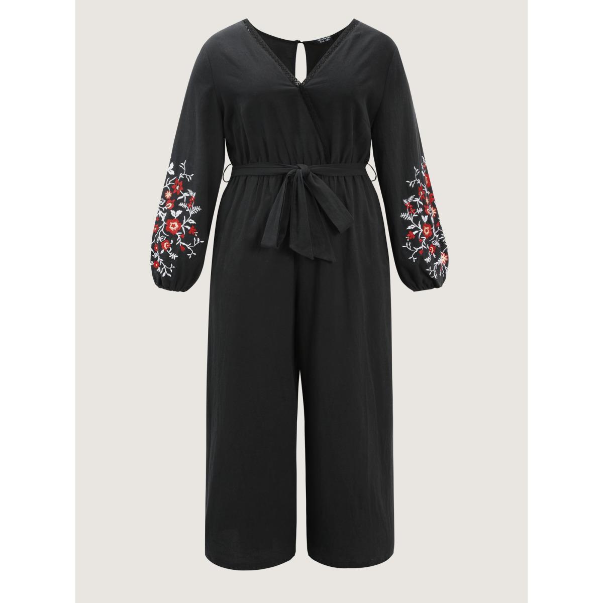 Plus Size Black Pure Cotton Floral Embroidered Sleeve Jumpsuit Women Leisure Extra Long Sleeve Overlap Collar Casual Loose Jumpsuits BloomChic 22-24/3X Product Image