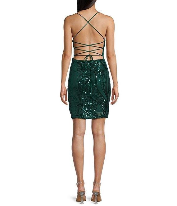 Midnight Doll Spaghetti Strap Placement Sequin Strappy Back Bodycon Mini Dress Product Image