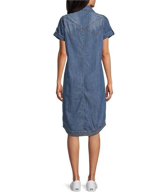 Westbound Petite Size Short Rolled Sleeve Button Front Point Collar Midi Shirt Dress Product Image