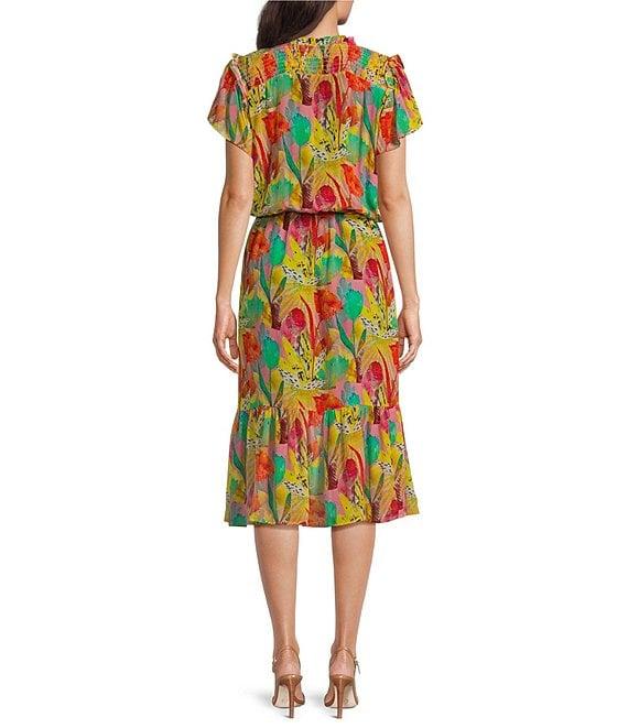 APNY Printed V-Neck Short Sleeve Smocked A-Line Midi Dress Product Image