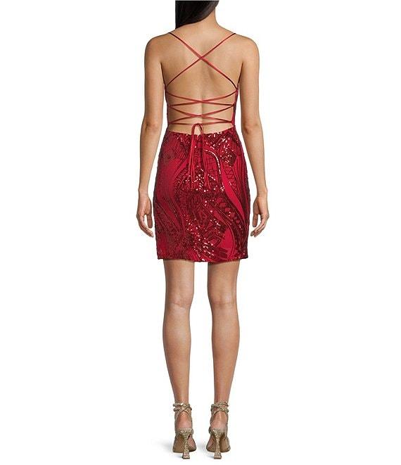 Midnight Doll Spaghetti Strap Placement Sequin Strappy Back Bodycon Mini Dress Product Image