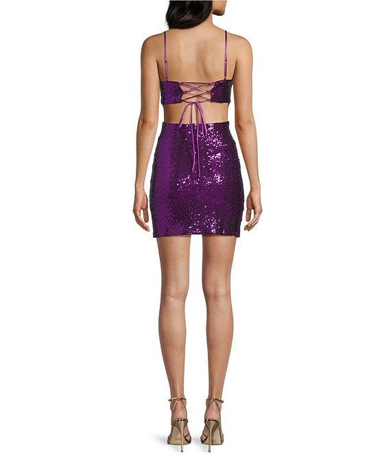 Honey and Rosie Sequin V-Neck Cutout Lace Up Tie Back Dress Product Image