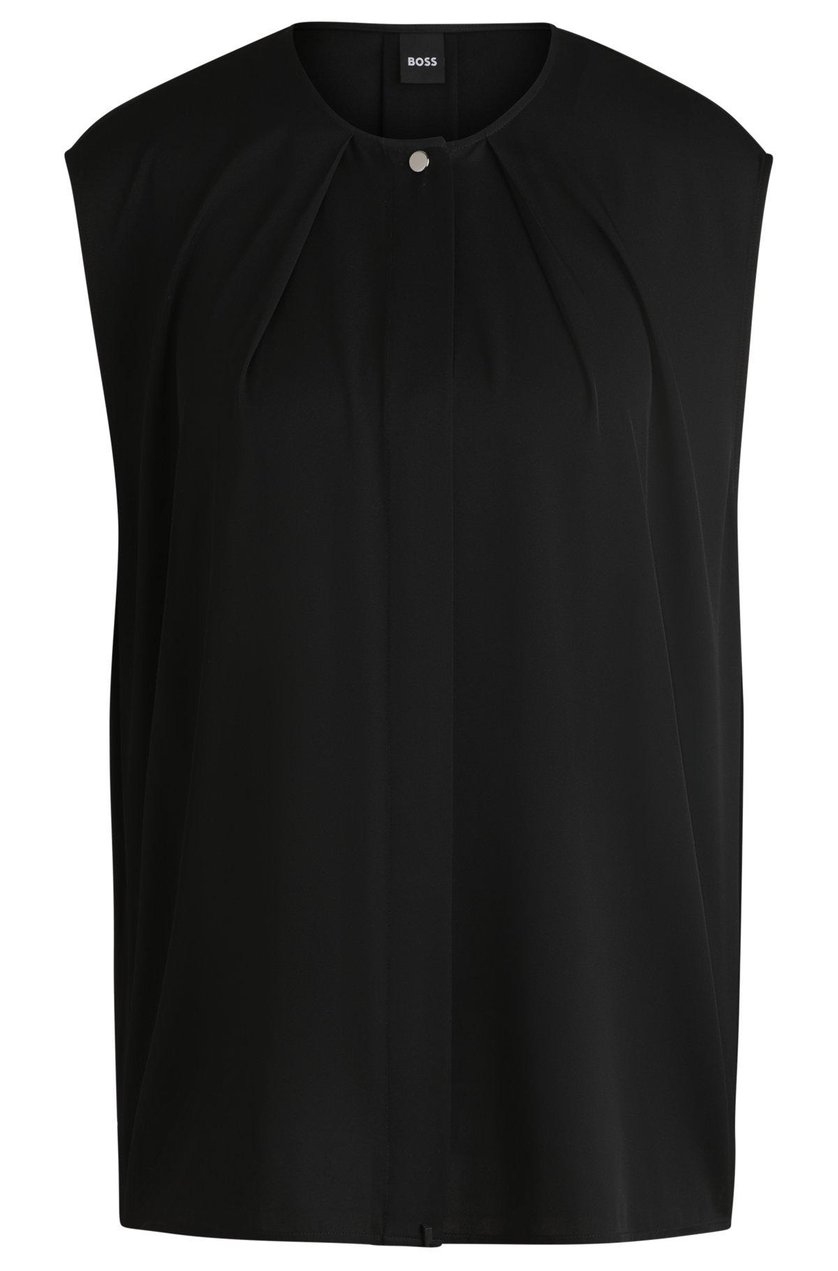 BOSS - Fitted sleeveless blouse in stretch silk with concealed placket - Black Product Image