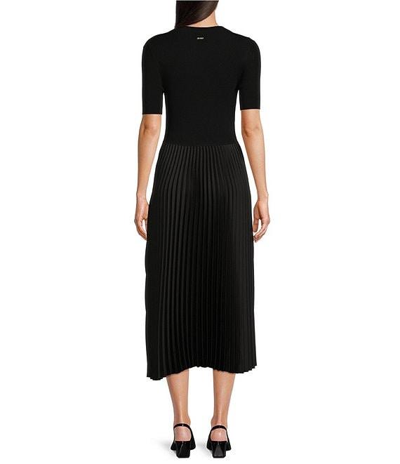 BOSS by HUGO BOSS Fadrid Mixed Media Knit And Woven Round Neck Short Sleeve Pleated Midi Dress Product Image