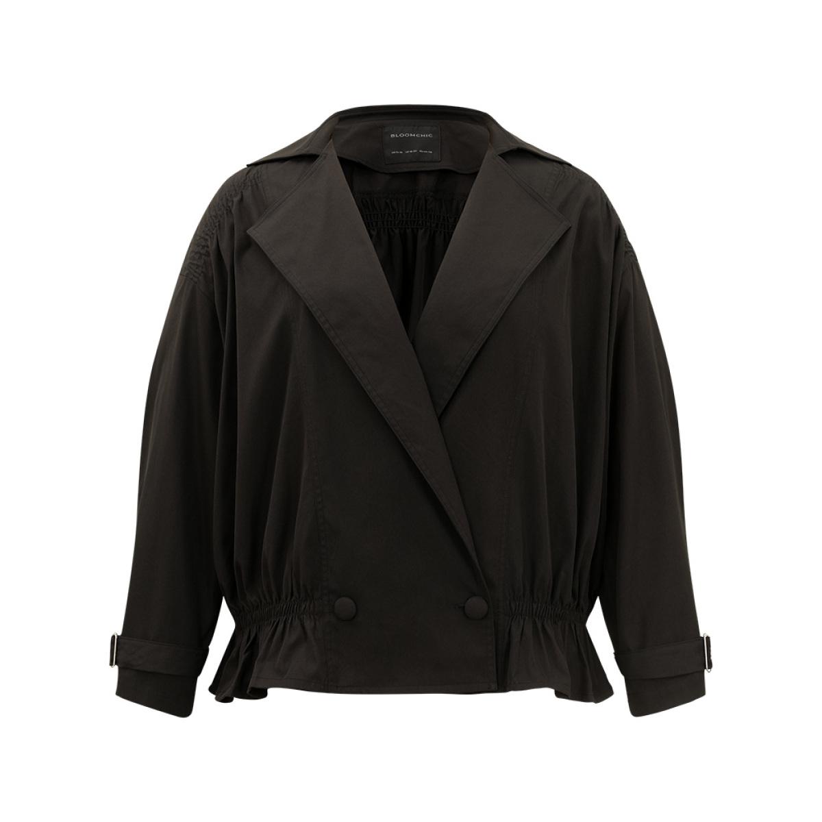 Plus Size Shirred Lapel Collar Metal Buckle Button Up Coat Women Black Casual Gathered Ladies Dailywear Winter Coats BloomChic 18-20/2X Product Image