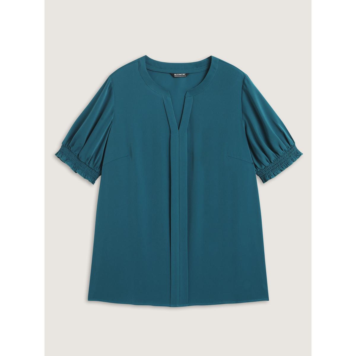 Plus Size Aegean Shirred Puffy Sleeve Solid Blouse Women Short sleeve Flat collar with V-notch Work Blouses BloomChic 30/6X Product Image