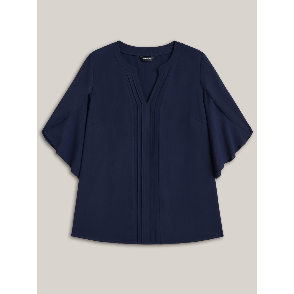Plus Size Indigo Petal Sleeve Toothpick Pleats Shirt Women Office Elbow-length sleeve Notched collar Office Blouses BloomChic 14-16/1X Product Image