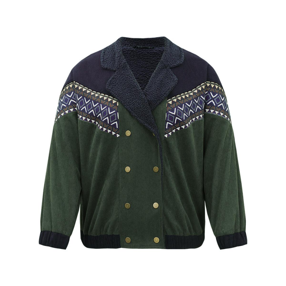 Plus Size Lapel Collar Geometric Patchwork Jacket Women ArmyGreen Elastic cuffs Dailywear Jackets BloomChic 12/L Product Image