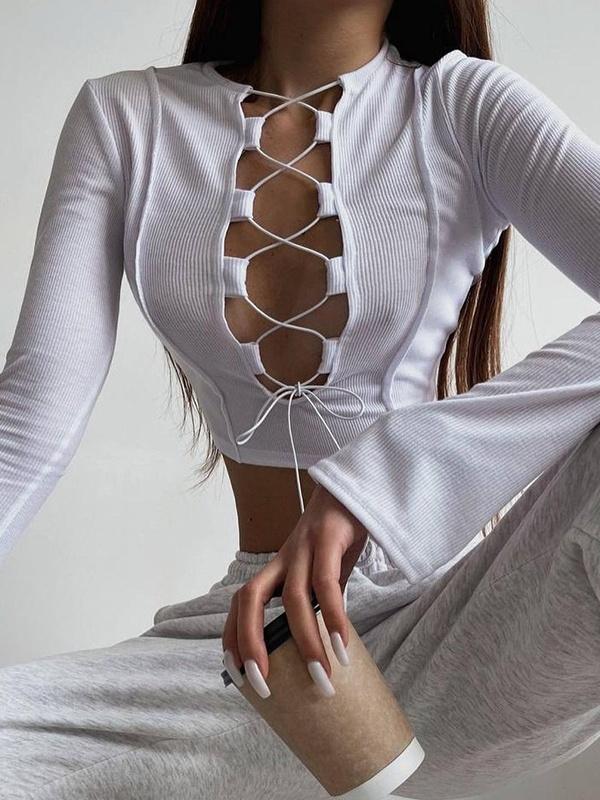 Cutout Lace Up Plunge Knit Product Image