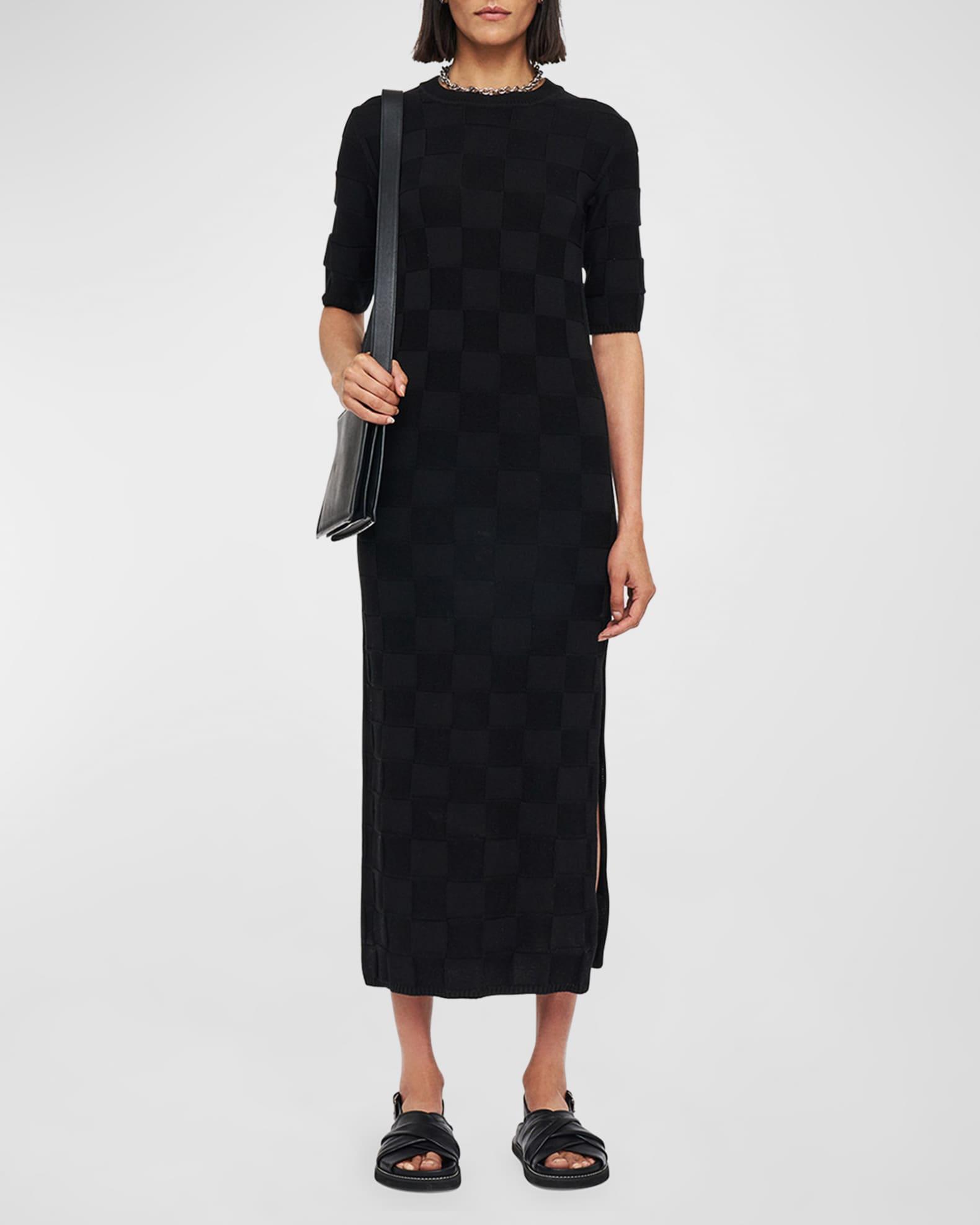 Side-Slit Vichy Knit Midi Sweater Dress Product Image