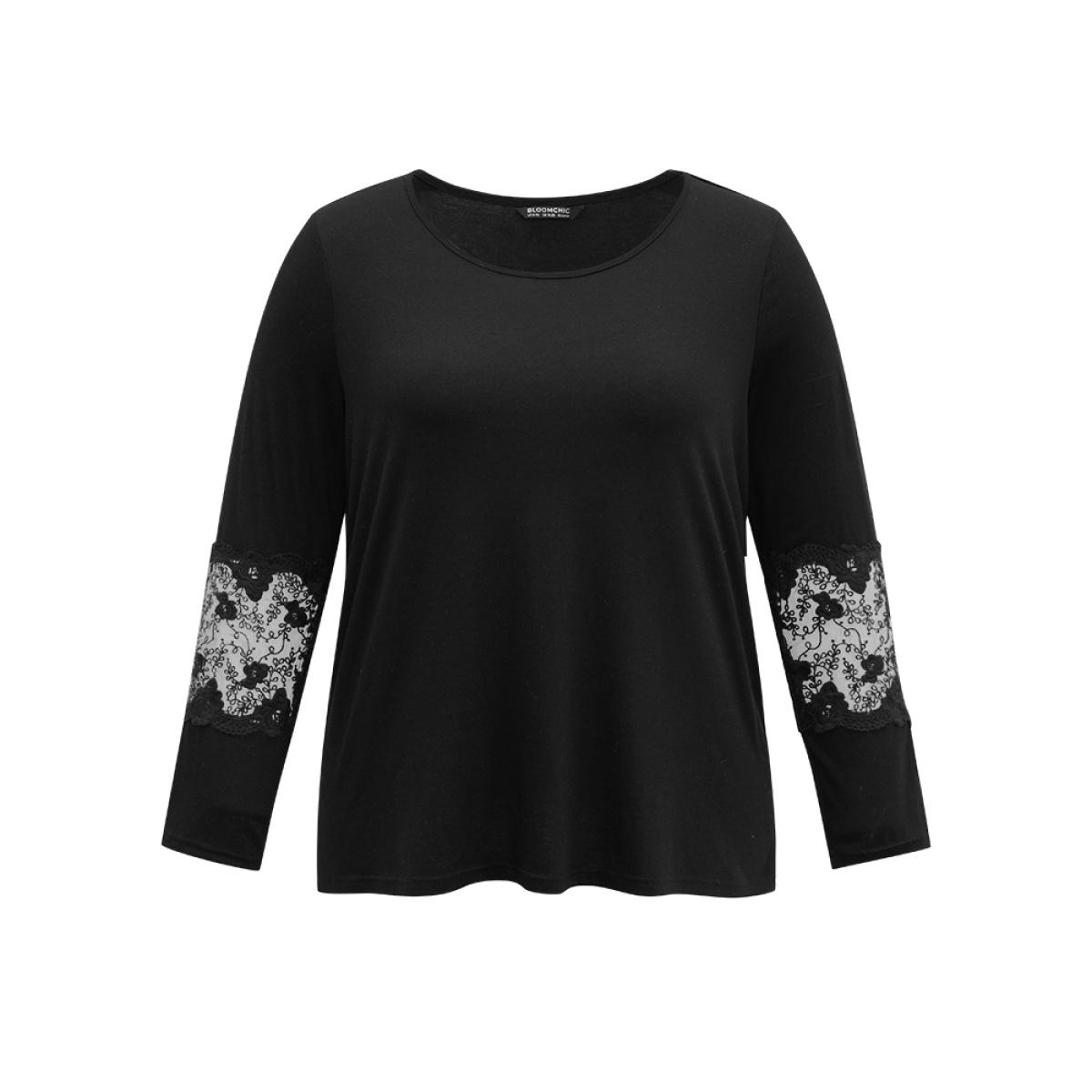 Plus Size Guipure Lace Plain Mesh T-shirt Black Women Casual See through Plain Round Neck Everyday T-shirts BloomChic 26/4X Product Image