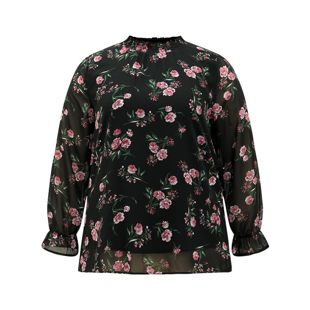 Plus Size Black Chiffon Floral Frill Trim Mesh Patchwork Blouse Women Elegant Long Sleeve Round Neck Dailywear Blouses BloomChic 22-24/3X Product Image
