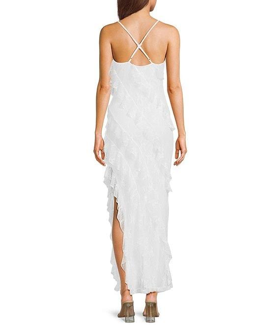 Allison & Kelly Printed Lace V-Neck Asymmetrical Ruffled Dress Product Image