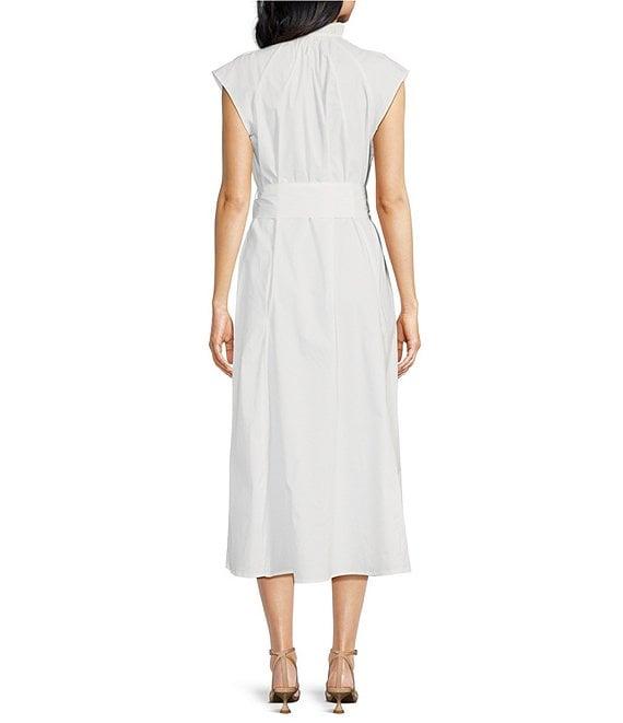 ELAN Woven Stand Collar Neck Cap Sleeve Belted Ruffle A-Line Midi Dress Product Image