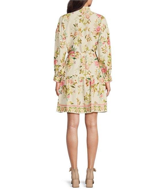 Alex Marie Wren Floral Print Banded Collar Long Sleeve Tie Waist A-Line Button Front Dress Product Image