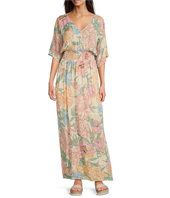Charlie B. Floral Print V-Neck 3/4 Dolman Sleeve Smocked Maxi A-Line Dress Product Image
