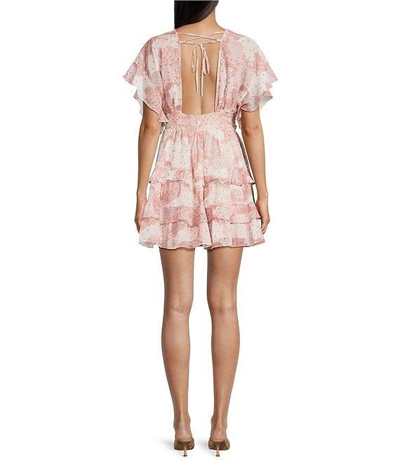 Storia Floral Patch Print Deep V-Neck Flutter Sleeve Open Back Tiered Ruffle Dress Product Image