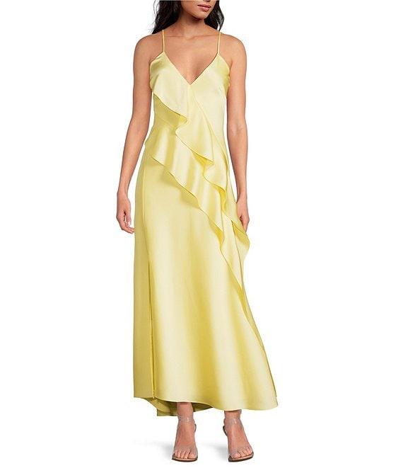 Gianni Bini Quinn Ruffle Draped V-Neck Sleeveless Satin Dress Product Image