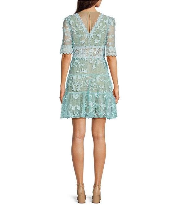 Adrianna Papell Floral Lace Embroidery V-Neck Short Sleeve Tiered Mini A-Line Dress Product Image
