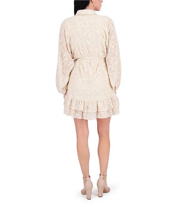 Kensie Point Collar Long Bishop Sleeves Ruffle Hem Embroidered Woven Shirt Dress Product Image