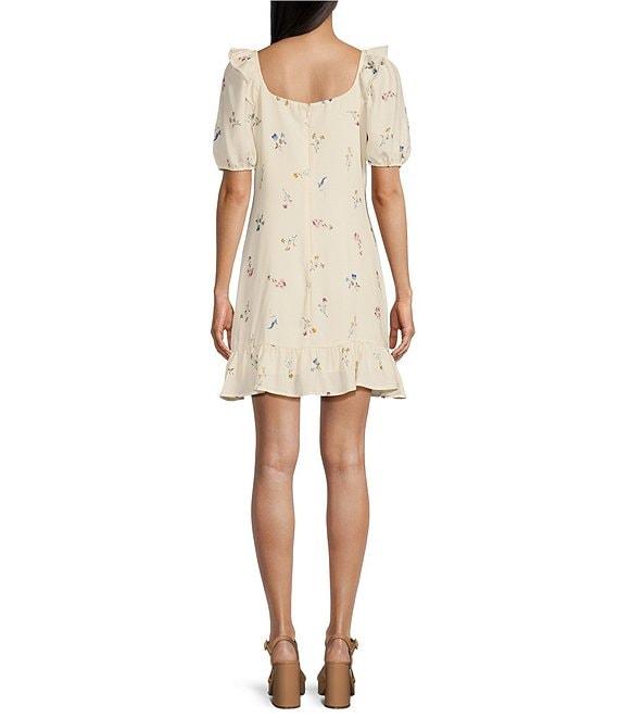 Sadie & Sage Floral Print Square Neck Short Sleeve Ruffled Crochet Lace Trim Mini Dress Product Image