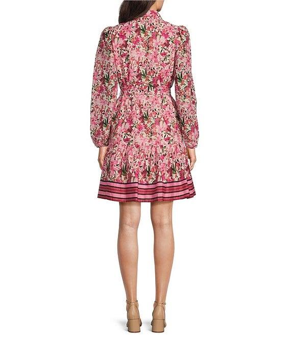 Anne Klein Voile Floral Print Point Collar Neck Long Sleeve Waist Tie Button Front Shirt Mini Dress Product Image
