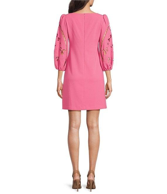 Vince Camuto Boat Neck 3/4 Laser-Cut Puff Sleeve Stretch Crepe Sheath Dress Product Image