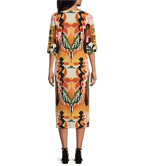 Eva Varro Abstract Leaf Print V-Neck Elbow Sleeve Dress Product Image