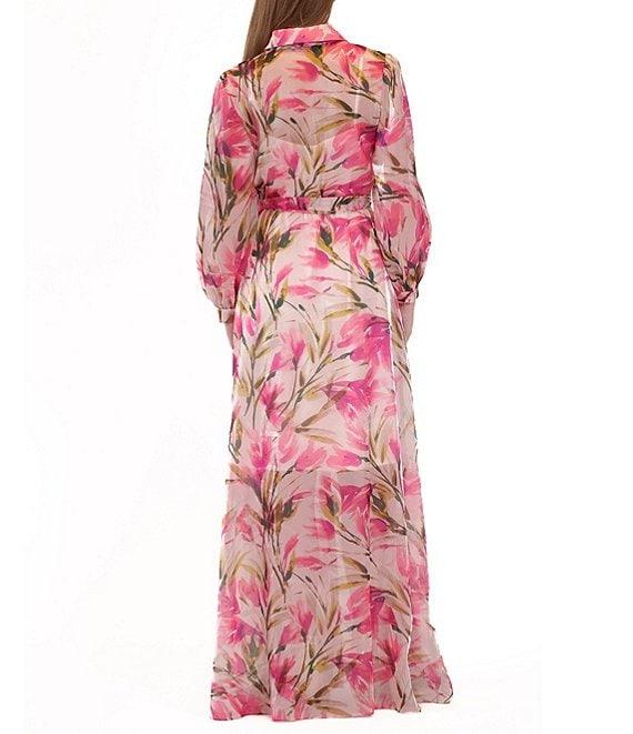 Julia Jordan Floral Print Chiffon Point Collar Neck Belted Button Front Maxi Shirt Dress Product Image