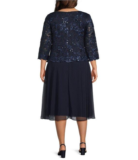 Alex Evenings Plus Size Scoop Neck 3/4 Sleeve Sequin Lace Bodice A Line Midi Dress Product Image