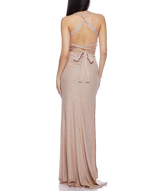 B. Darlin Glitter V-Neck Wide Strap Shirred Side Slit Lace Up Back Dress Product Image