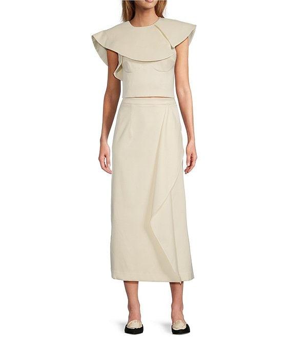 Antonio Melani x Jennifer Sumko Eden Satin Twill High Rise Ruffle Pencil Midi Coordinating Skirt Product Image