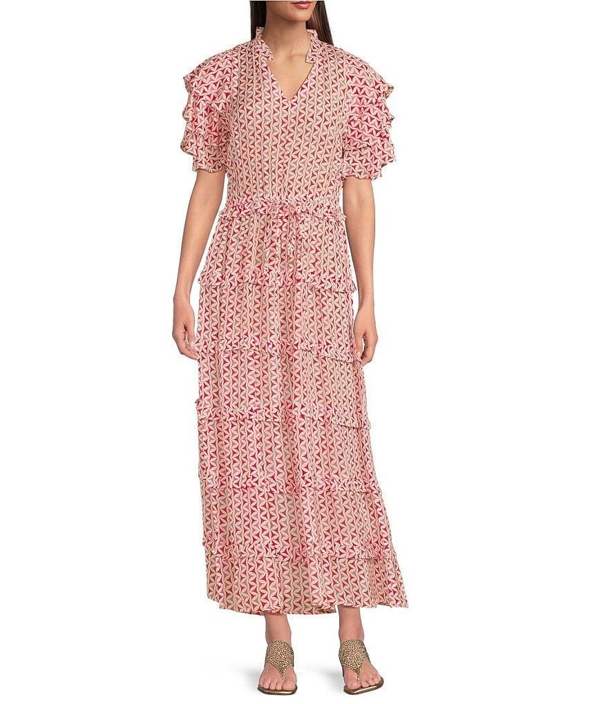 APNY V-Neck Short Sleeve Cinched Waist Tiered Maxi Dress Product Image