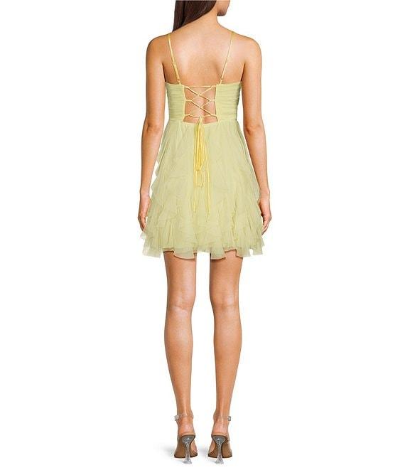 Pear Culture V-Neck Lace-Up Back Mesh Ruffle Dress Product Image