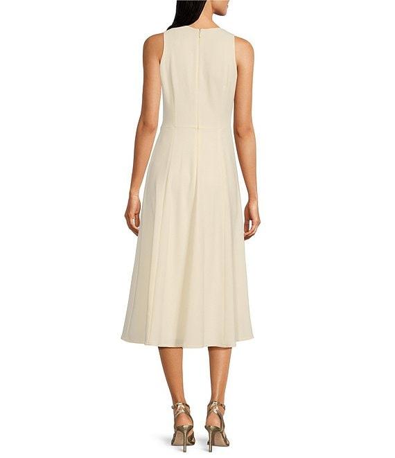 Donna Karan Cady Crepe Crew Neck Sleeveless Gold Broach A-Line Midi Dress Product Image