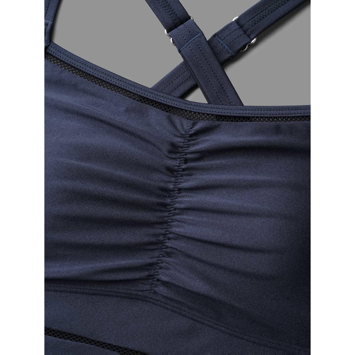 Plus Size Ruched Front Adjustable Drawstring One-Piece Swimsuit Women's Swimwear Indigo Beach Woven ribbon&lace trim Curve Bathing Suits High stretch One Pieces BloomChic 26/4X Product Image