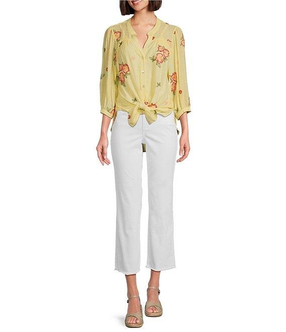 Figueroa & Flower Embroidered Floral Mandarin Collar 3/4 Sleeve Button-Front Blouse Product Image