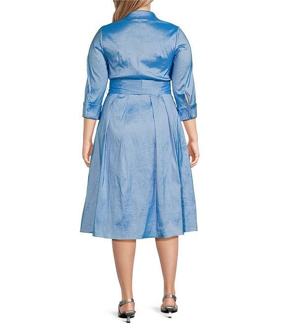 Adrianna Papell Plus Size Collared 3/4 Sleeve Taffeta Midi Shirt Dress Product Image