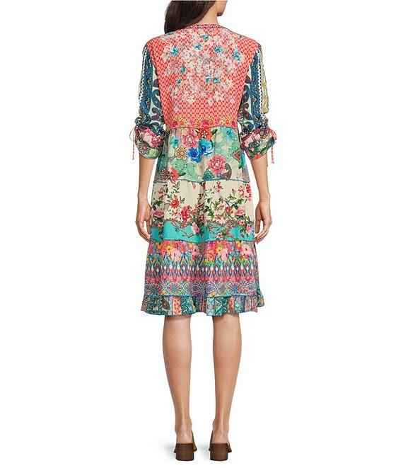 John Mark Multi Print Embroidered Y-Neck 3/4 Cinch Tie Sleeve Dress Product Image
