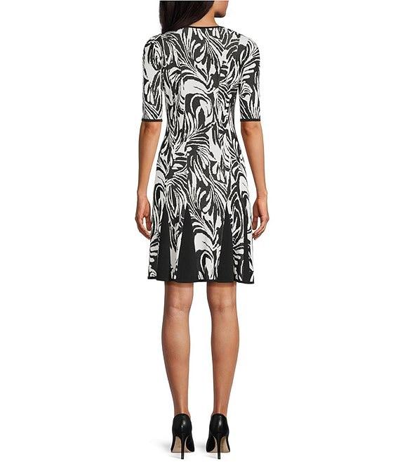 Ming Wang Jacquard Knit Abstract Zebra Print V-Neck Short Sleeve Fit-And-Flare Dress Product Image
