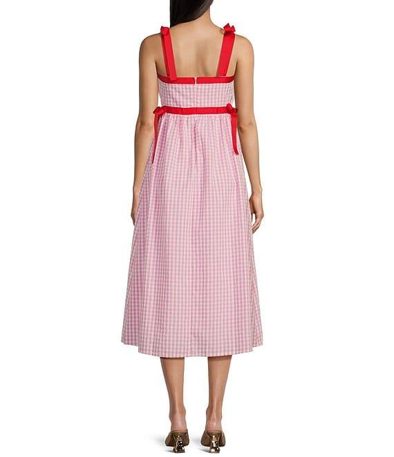 TCEC Gingham Square Neck Tie Shoulder Midi Dress Product Image