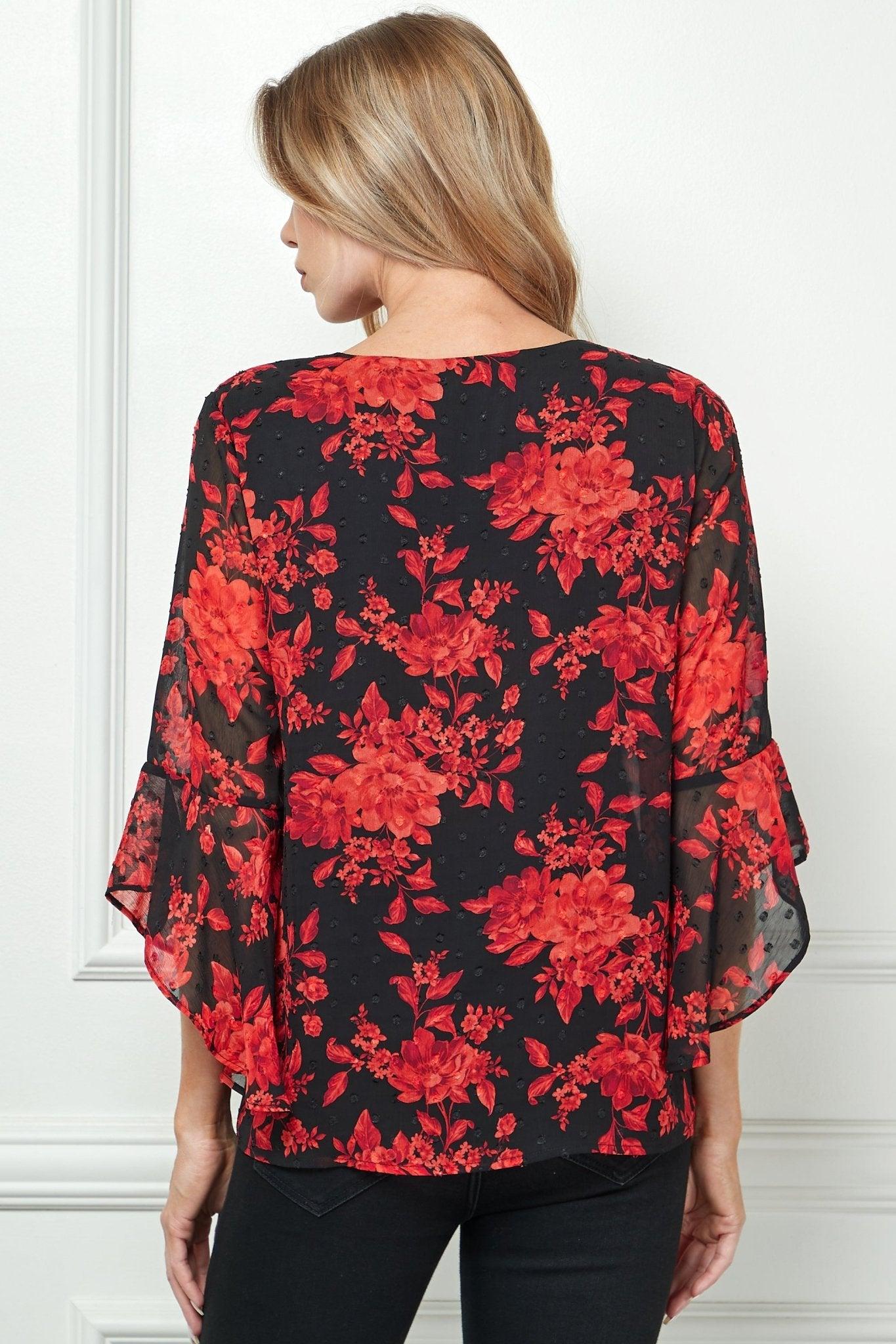 3/4 Quarter Ruffle Sleeve V-Neck Swing Blouse, Black/Wine/Red Product Image